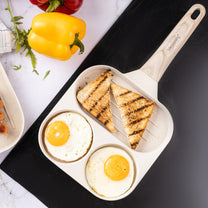 Nonstick frying pan, 3 sections, beige with a wood-look handle, 36x18.5x2.5 cm, Klausberg, KB-7818 - Carlat