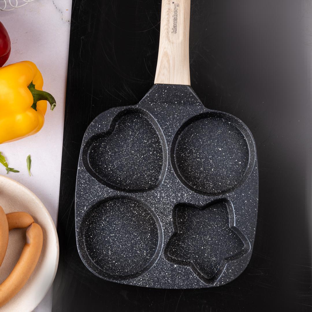Nonstick frying pan, black with a wooden handle, 4 sections in different shapes, 36x19x2.3 cm, Klausberg, KB-7807 - Carlat