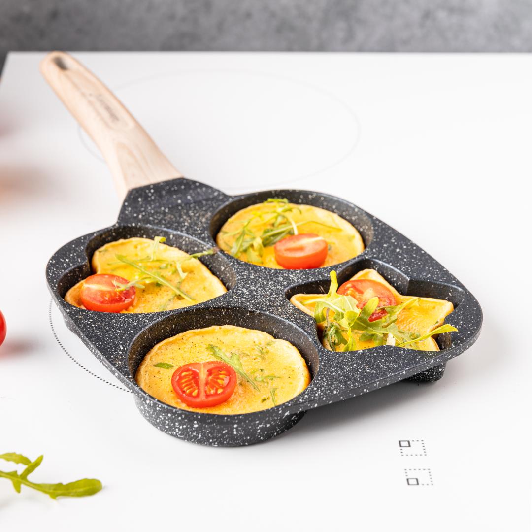 Nonstick frying pan, black with a wooden handle, 4 sections in different shapes, 36x19x2.3 cm, Klausberg, KB-7807 - Carlat