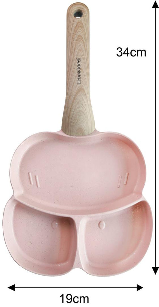 Nonstick skillet, 3 sections, pink with a wood-look handle, 24x19x2.5 cm, Klausberg, KB-7826 - Carlat