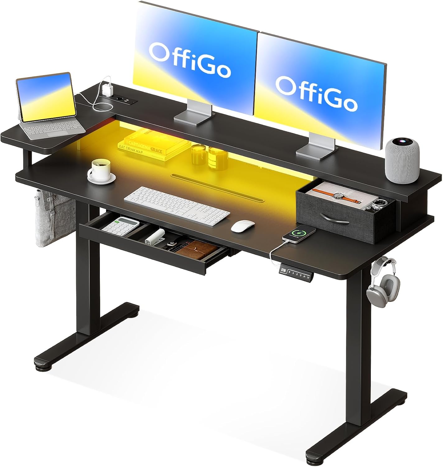 OffiGo Height-Adjustable Desk, One-Piece Table Top, 120 x 60 cm, Electric Desk with L Monitor Holder, Standing Desk with Drawer, Standing Desk with USB, Ergonomic Computer Desk, White - Carlat