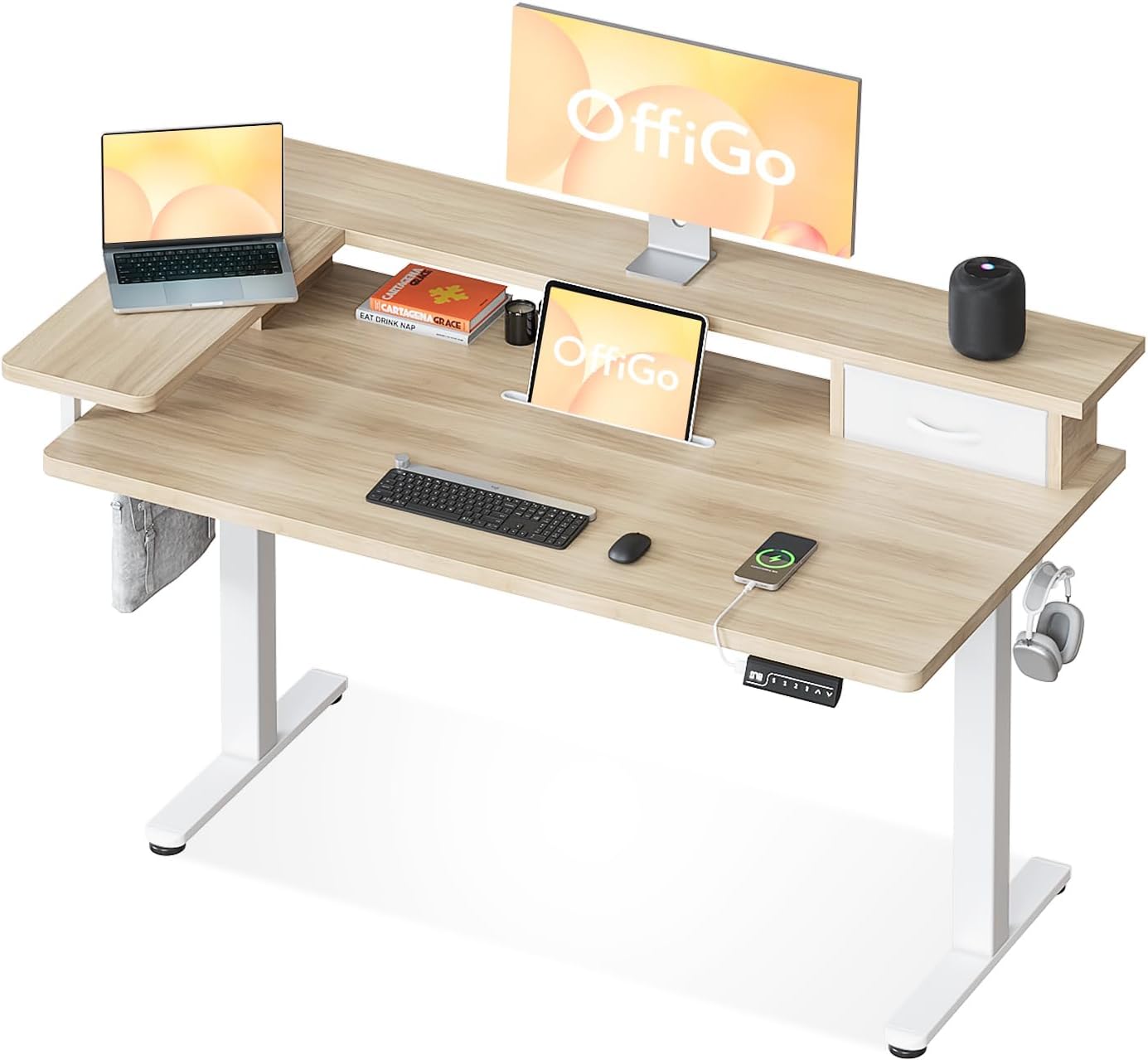 OffiGo Height-Adjustable Desk, One-Piece Table Top, 120 x 60 cm, Electric Desk with L Monitor Holder, Standing Desk with Drawer, Standing Desk with USB, Ergonomic Computer Desk, White - Carlat