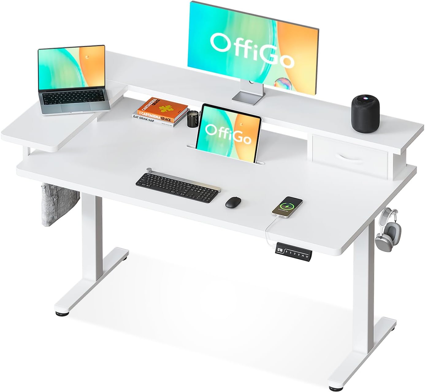 OffiGo Height-Adjustable Desk, One-Piece Table Top, 120 x 60 cm, Electric Desk with L Monitor Holder, Standing Desk with Drawer, Standing Desk with USB, Ergonomic Computer Desk, White - Carlat