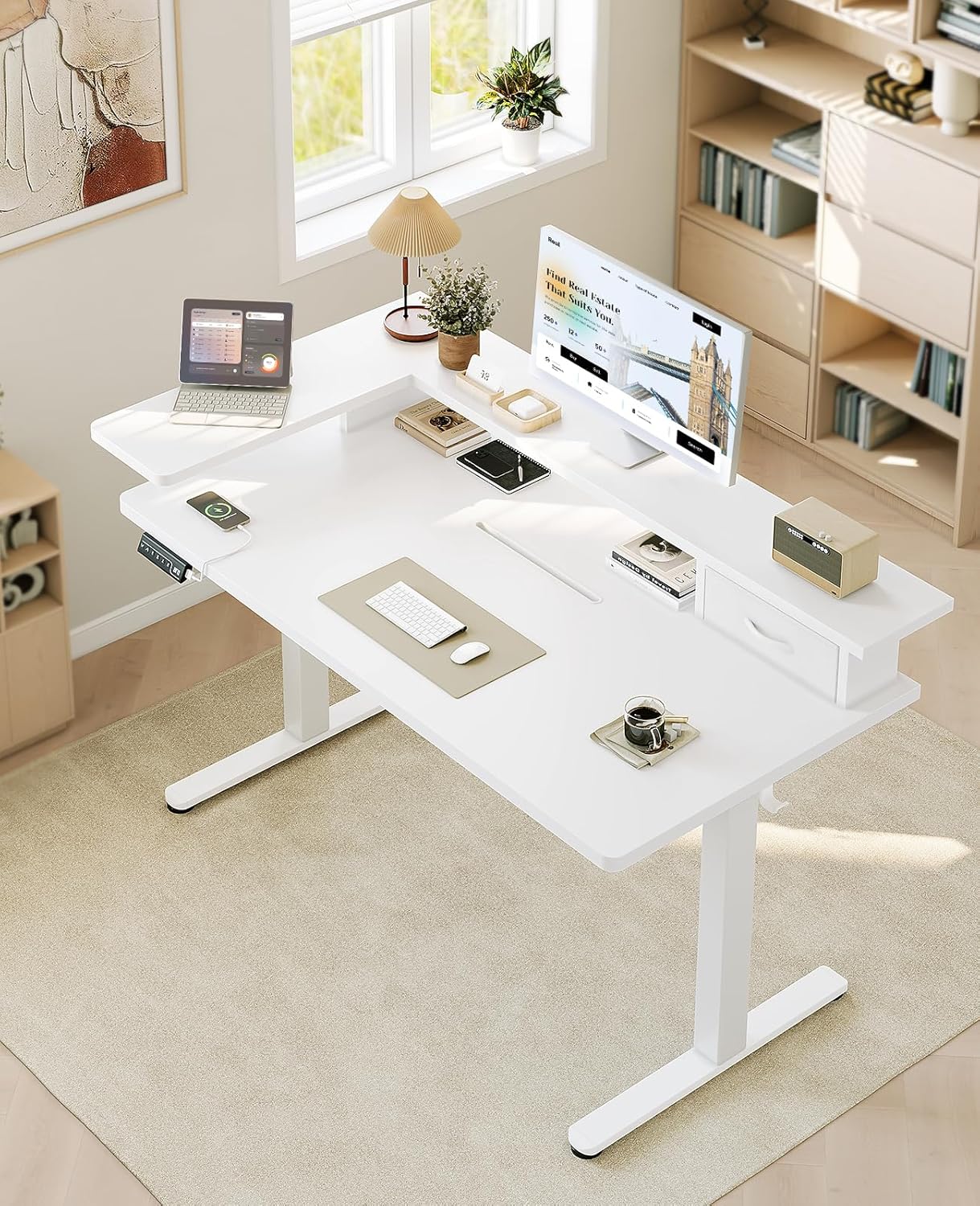 OffiGo Height-Adjustable Desk, One-Piece Table Top, 120 x 60 cm, Electric Desk with L Monitor Holder, Standing Desk with Drawer, Standing Desk with USB, Ergonomic Computer Desk, White - Carlat