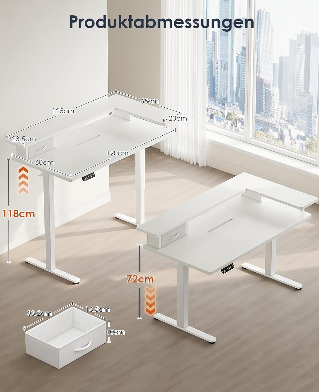 OffiGo Height-Adjustable Desk, One-Piece Table Top, 120 x 60 cm, Electric Desk with L Monitor Holder, Standing Desk with Drawer, Standing Desk with USB, Ergonomic Computer Desk, White - Carlat