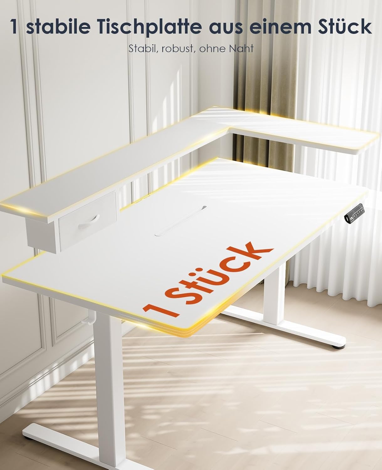 OffiGo Height-Adjustable Desk, One-Piece Table Top, 120 x 60 cm, Electric Desk with L Monitor Holder, Standing Desk with Drawer, Standing Desk with USB, Ergonomic Computer Desk, White - Carlat