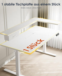 OffiGo Height-Adjustable Desk, One-Piece Table Top, 120 x 60 cm, Electric Desk with L Monitor Holder, Standing Desk with Drawer, Standing Desk with USB, Ergonomic Computer Desk, White - Carlat