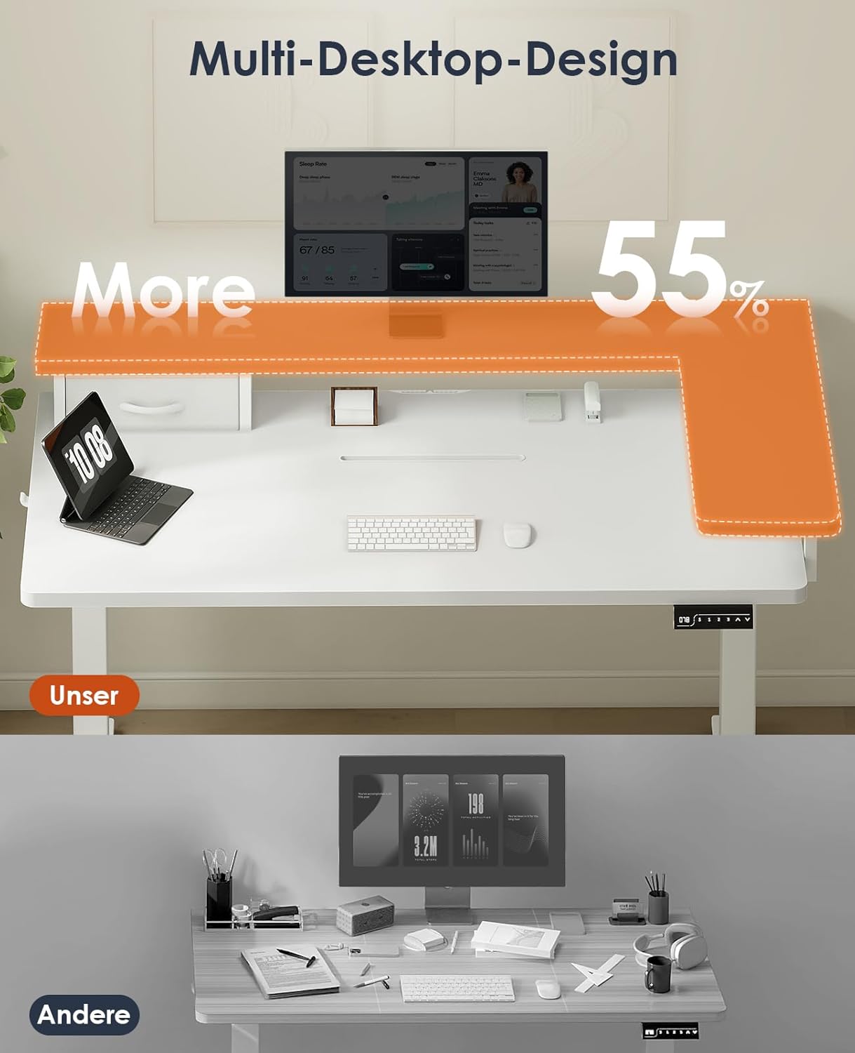 OffiGo Height-Adjustable Desk, One-Piece Table Top, 120 x 60 cm, Electric Desk with L Monitor Holder, Standing Desk with Drawer, Standing Desk with USB, Ergonomic Computer Desk, White - Carlat