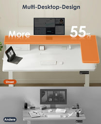 OffiGo Height-Adjustable Desk, One-Piece Table Top, 120 x 60 cm, Electric Desk with L Monitor Holder, Standing Desk with Drawer, Standing Desk with USB, Ergonomic Computer Desk, White - Carlat