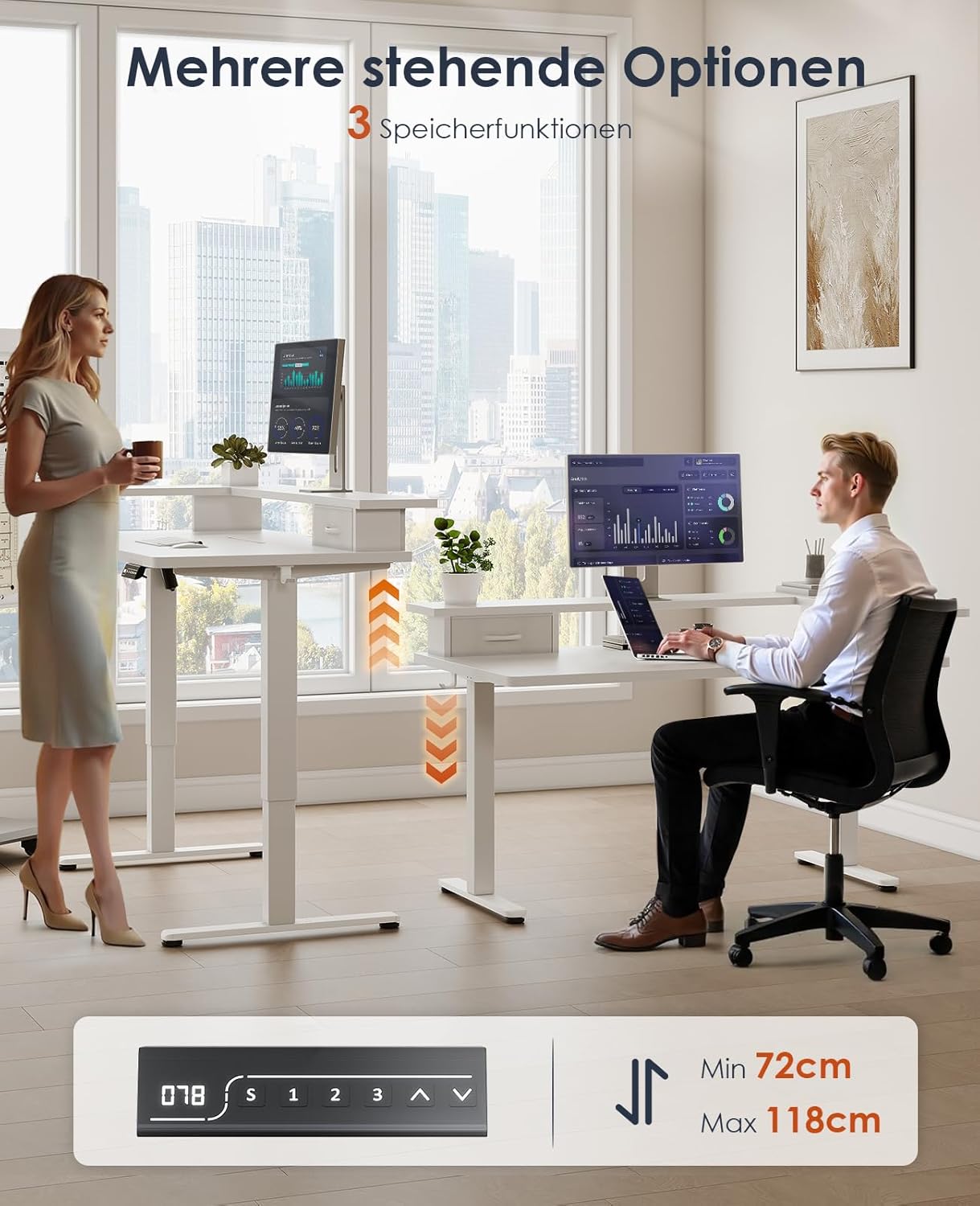 OffiGo Height-Adjustable Desk, One-Piece Table Top, 120 x 60 cm, Electric Desk with L Monitor Holder, Standing Desk with Drawer, Standing Desk with USB, Ergonomic Computer Desk, White - Carlat