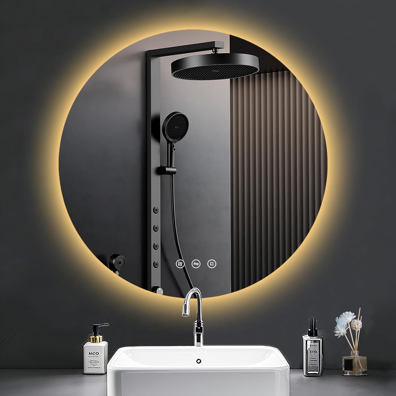 PESENXAN Bathroom Mirror with Lighting, 80 cm, LED Bathroom Mirror with Light, Anti-Fog, 3 Light Colours, Dimmable, Touch Switch, Memory Function, Round Energy Saving Bathroom Mirror - Carlat