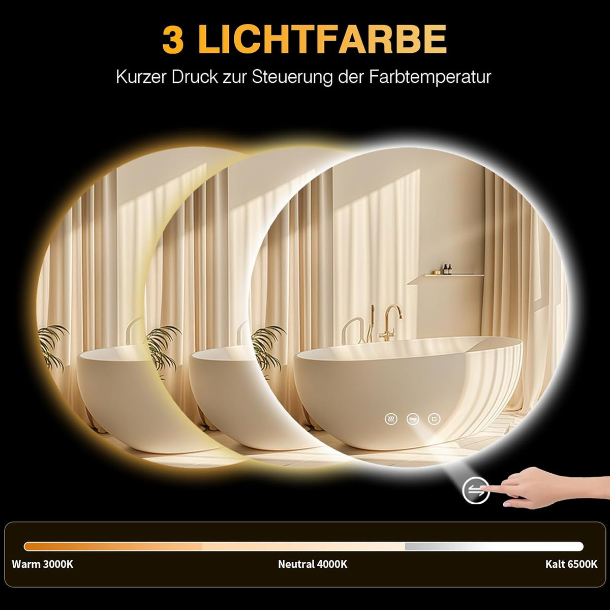 PESENXAN Bathroom Mirror with Lighting, 80 cm, LED Bathroom Mirror with Light, Anti-Fog, 3 Light Colours, Dimmable, Touch Switch, Memory Function, Round Energy Saving Bathroom Mirror - Carlat
