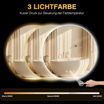 PESENXAN Bathroom Mirror with Lighting, 80 cm, LED Bathroom Mirror with Light, Anti-Fog, 3 Light Colours, Dimmable, Touch Switch, Memory Function, Round Energy Saving Bathroom Mirror - Carlat
