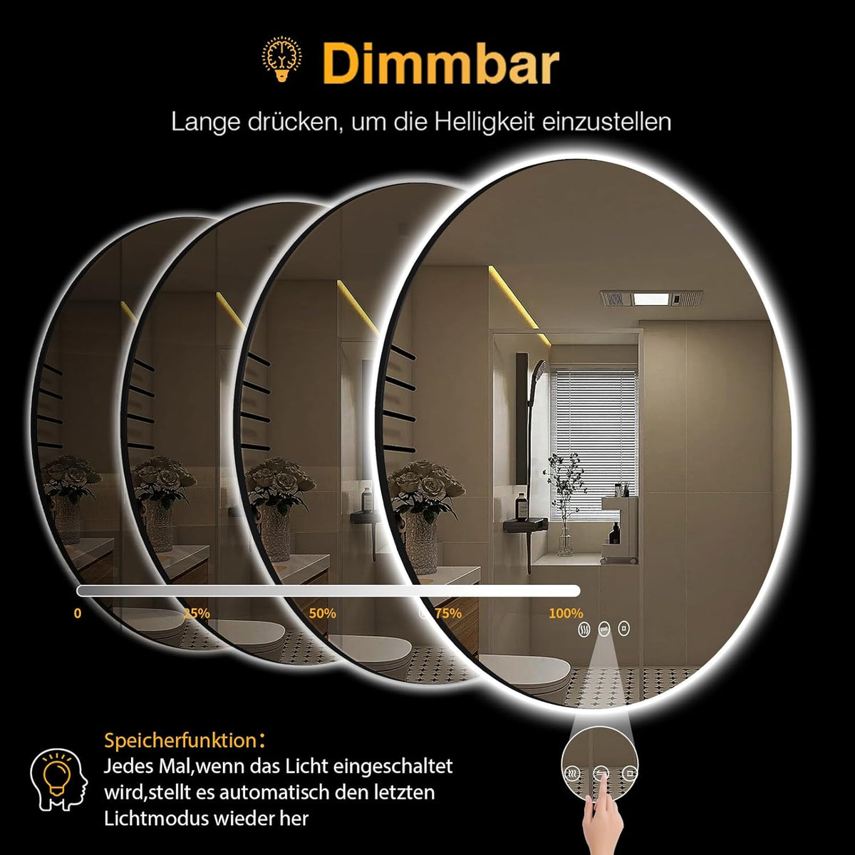 PESENXAN Bathroom Mirror with Lighting, 80 cm, LED Bathroom Mirror with Light, Anti-Fog, 3 Light Colours, Dimmable, Touch Switch, Memory Function, Round Energy Saving Bathroom Mirror - Carlat