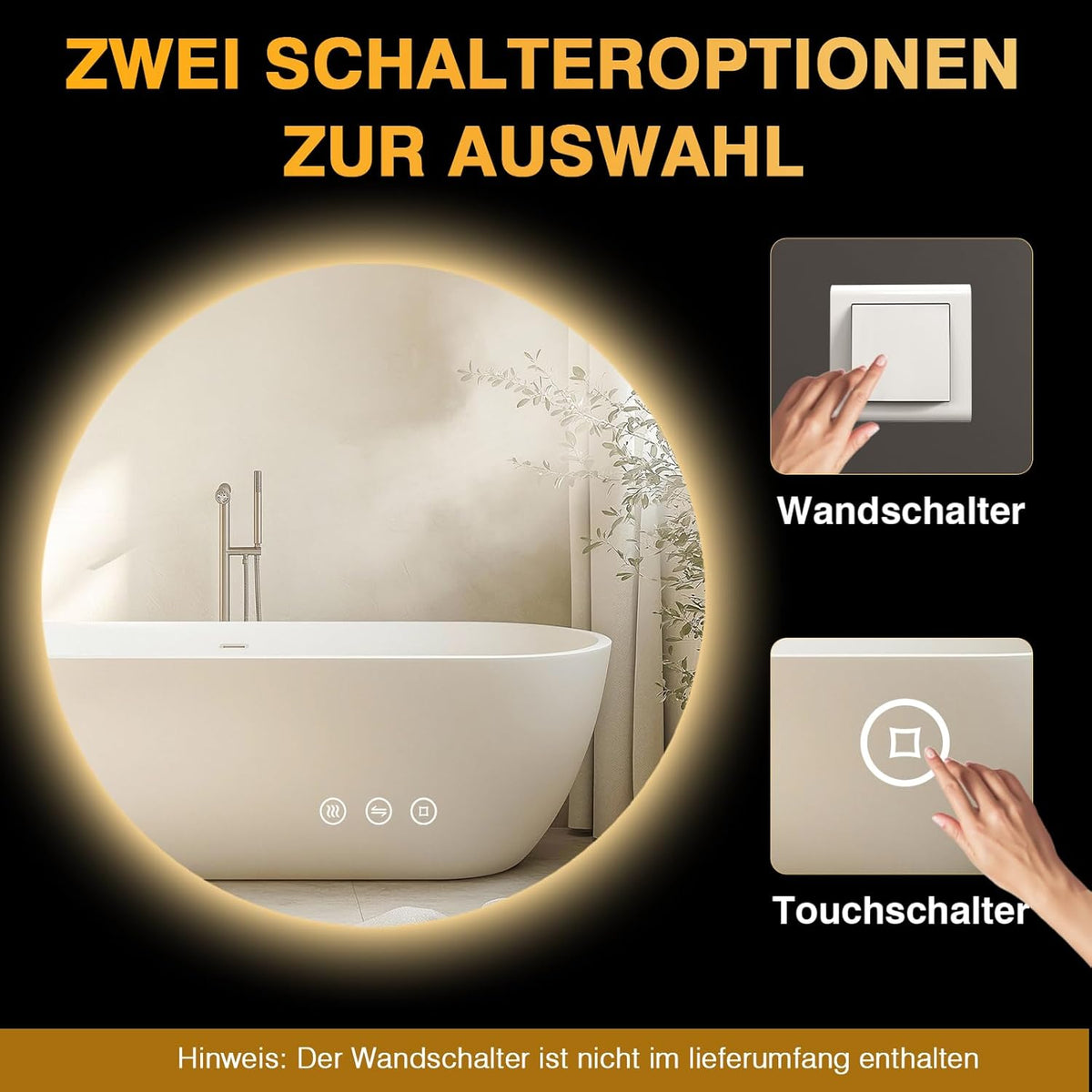 PESENXAN Bathroom Mirror with Lighting, 80 cm, LED Bathroom Mirror with Light, Anti-Fog, 3 Light Colours, Dimmable, Touch Switch, Memory Function, Round Energy Saving Bathroom Mirror - Carlat