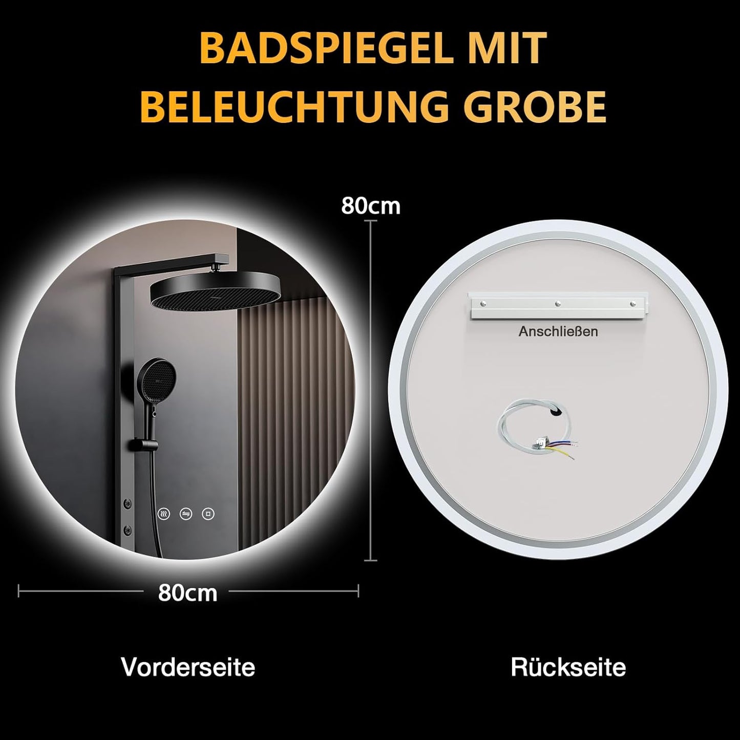 PESENXAN Bathroom Mirror with Lighting, 80 cm, LED Bathroom Mirror with Light, Anti-Fog, 3 Light Colours, Dimmable, Touch Switch, Memory Function, Round Energy Saving Bathroom Mirror - Carlat