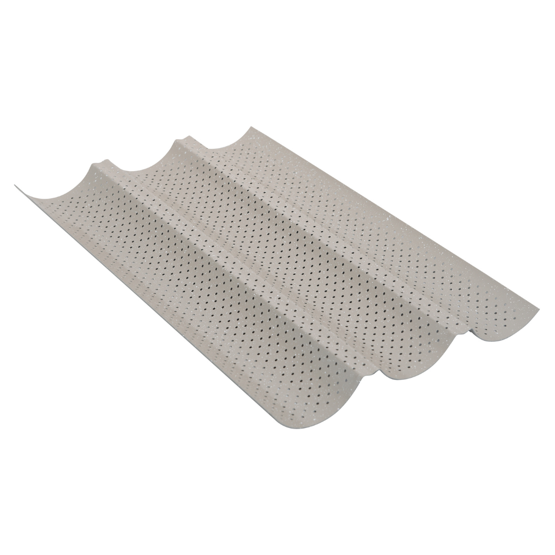 Perforated baguette pan, 3 grooves, carbon steel, nonstick coating, beige, 38×24.5 cm, Kinghoff, KH-1970 - Carlat