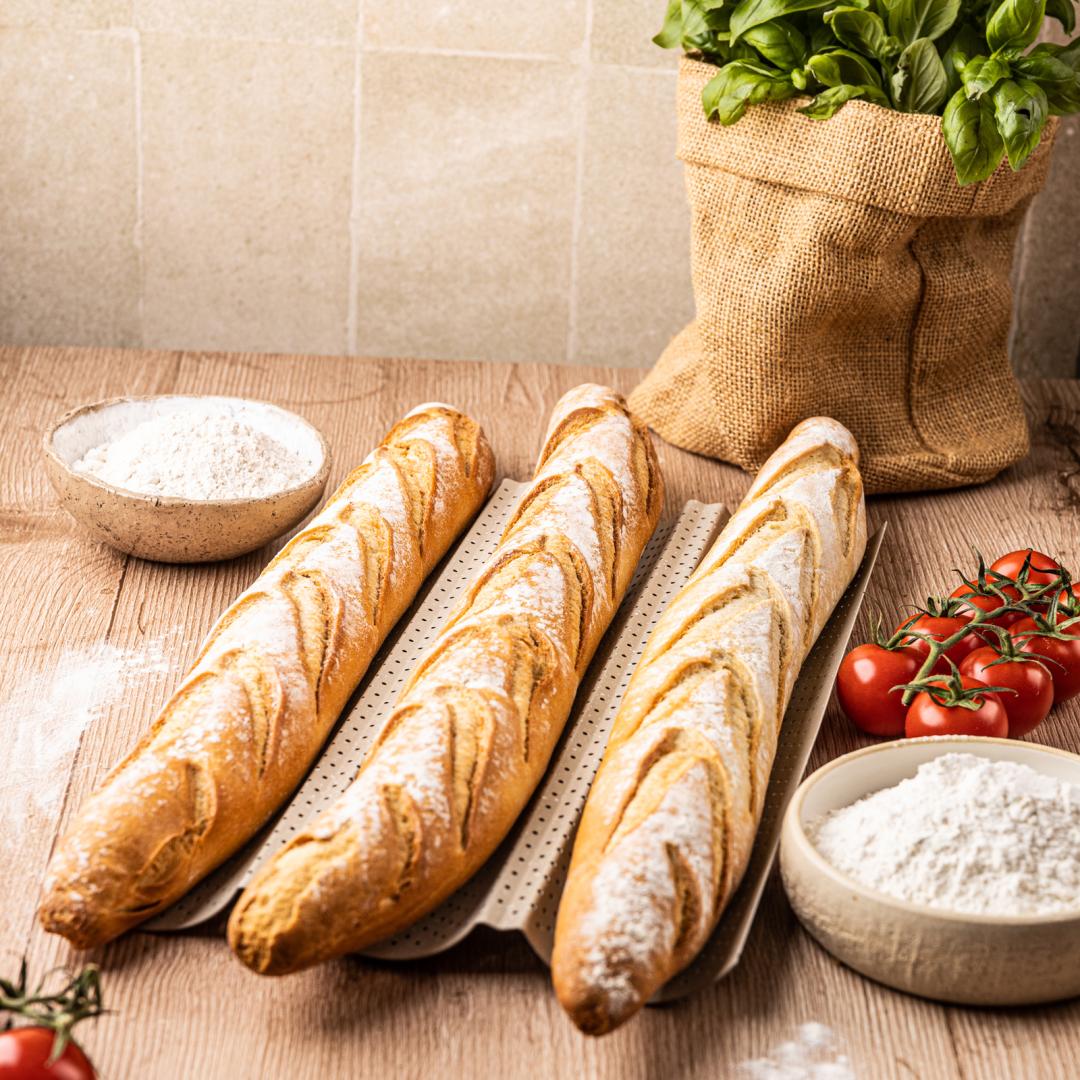 Perforated baguette pan, 3 grooves, carbon steel, nonstick coating, beige, 38×24.5 cm, Kinghoff, KH-1970 - Carlat
