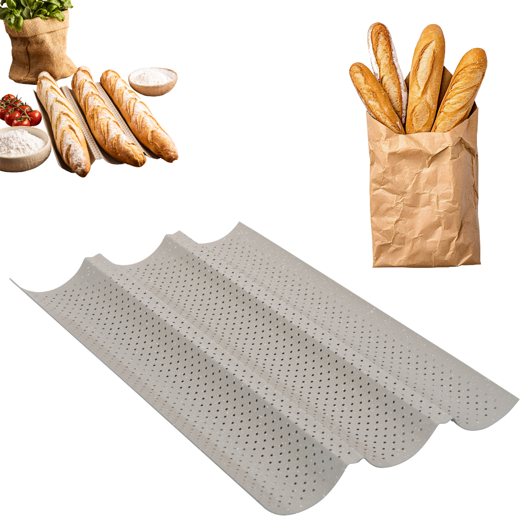 Perforated baguette pan, 3 grooves, carbon steel, nonstick coating, beige, 38×24.5 cm, Kinghoff, KH-1970 - Carlat
