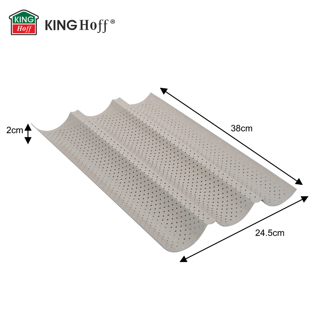 Perforated baguette pan, 3 grooves, carbon steel, nonstick coating, beige, 38×24.5 cm, Kinghoff, KH-1970 - Carlat