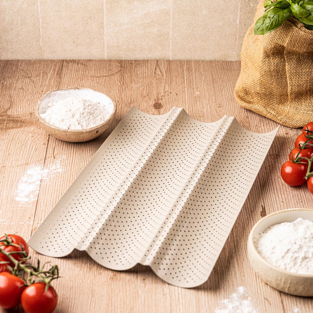 Perforated baguette pan, 3 grooves, carbon steel, nonstick coating, beige, 38×24.5 cm, Kinghoff, KH-1970 - Carlat