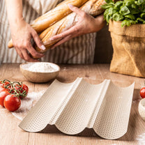 Perforated baguette pan, 3 grooves, carbon steel, nonstick coating, beige, 38×24.5 cm, Kinghoff, KH-1970 - Carlat
