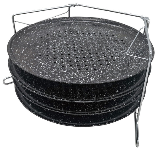 Pizza pans, set of 4, black, 32.3 cm in diameter, with a four-tier steel stand, 5-piece set, Kinghoff, KH-1553 - Carlat
