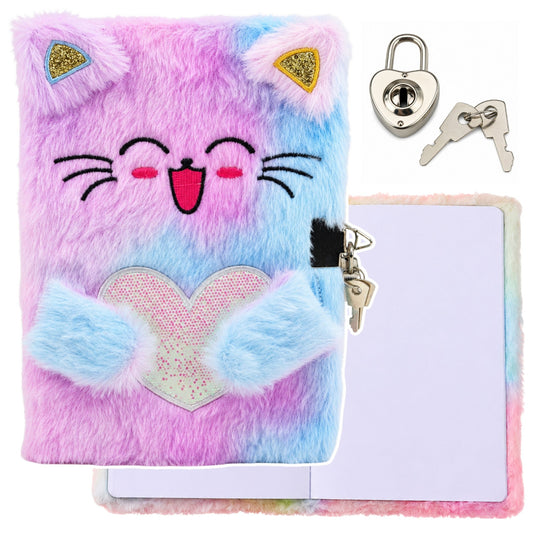 Plush, Soft Notebook/Journal with a Kitten, Padlock, Keys, and Blank Pages - Carlat