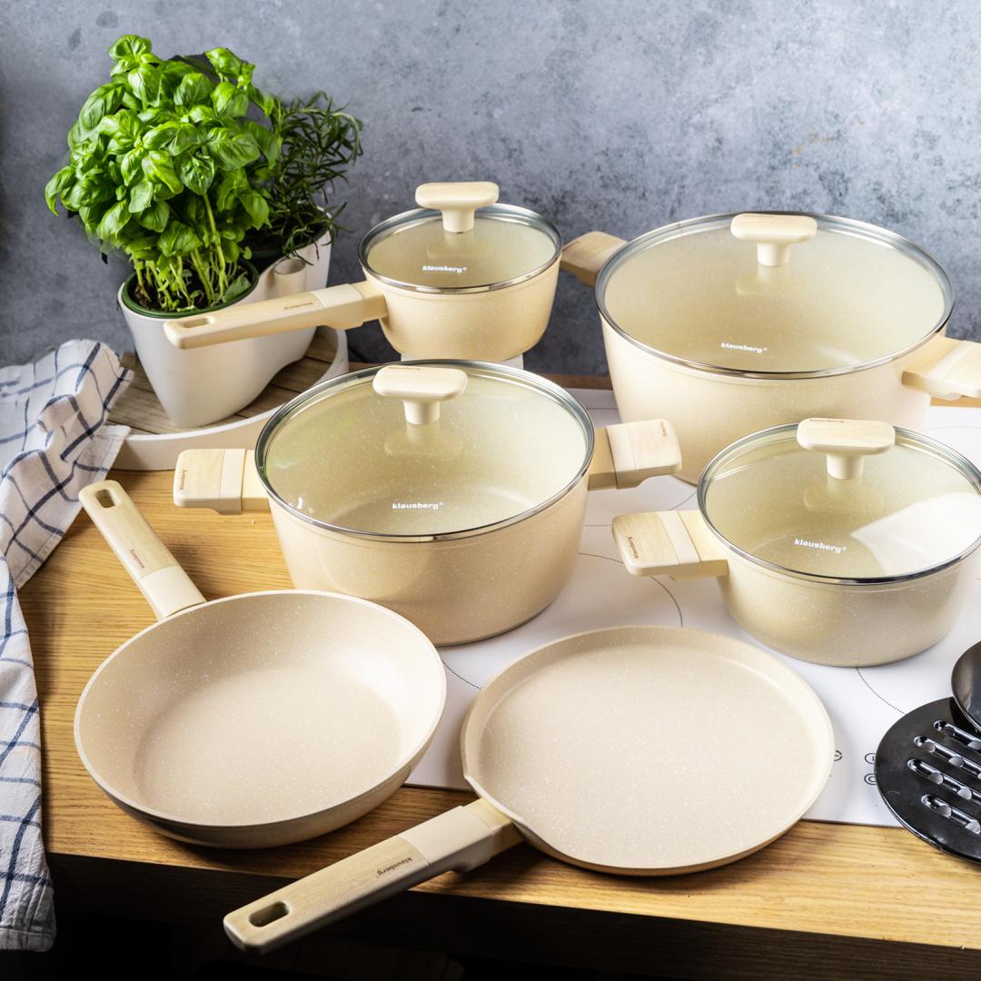 Pots – Cookware set, 12 pieces, nonstick coating, beige, Klausberg, KB-7833 - Carlat