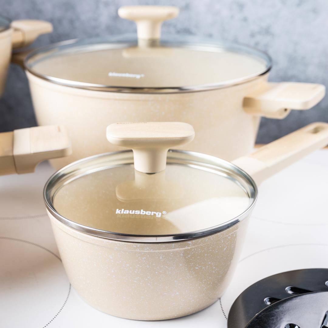 Pots – Cookware set, 12 pieces, nonstick coating, beige, Klausberg, KB-7833 - Carlat