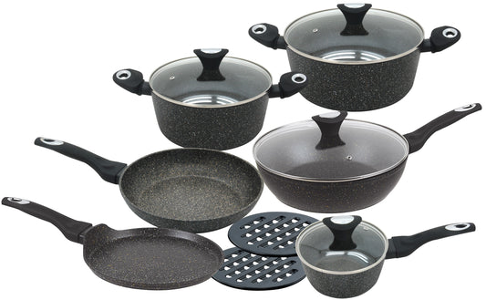 Pots and – 12-piece cookware set, aluminum, black Klausberg marble pattern - Carlat