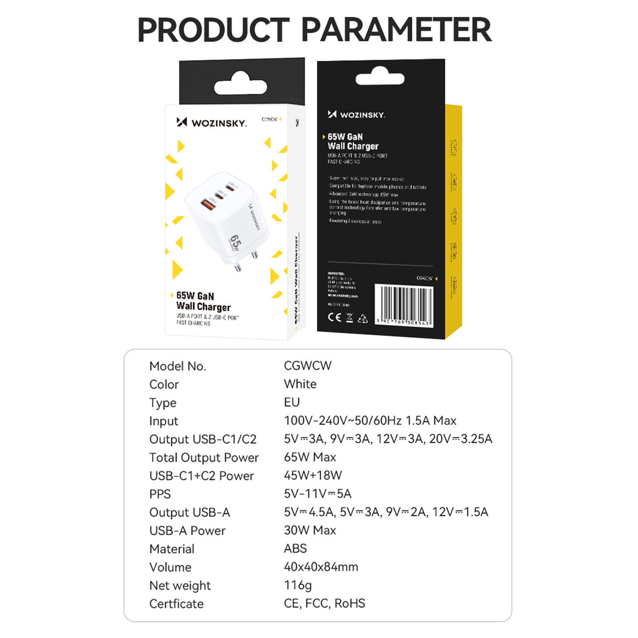Power Supply Enclosures – GaN 65W 100-240V USB-A 2x USB-C - Carlat
