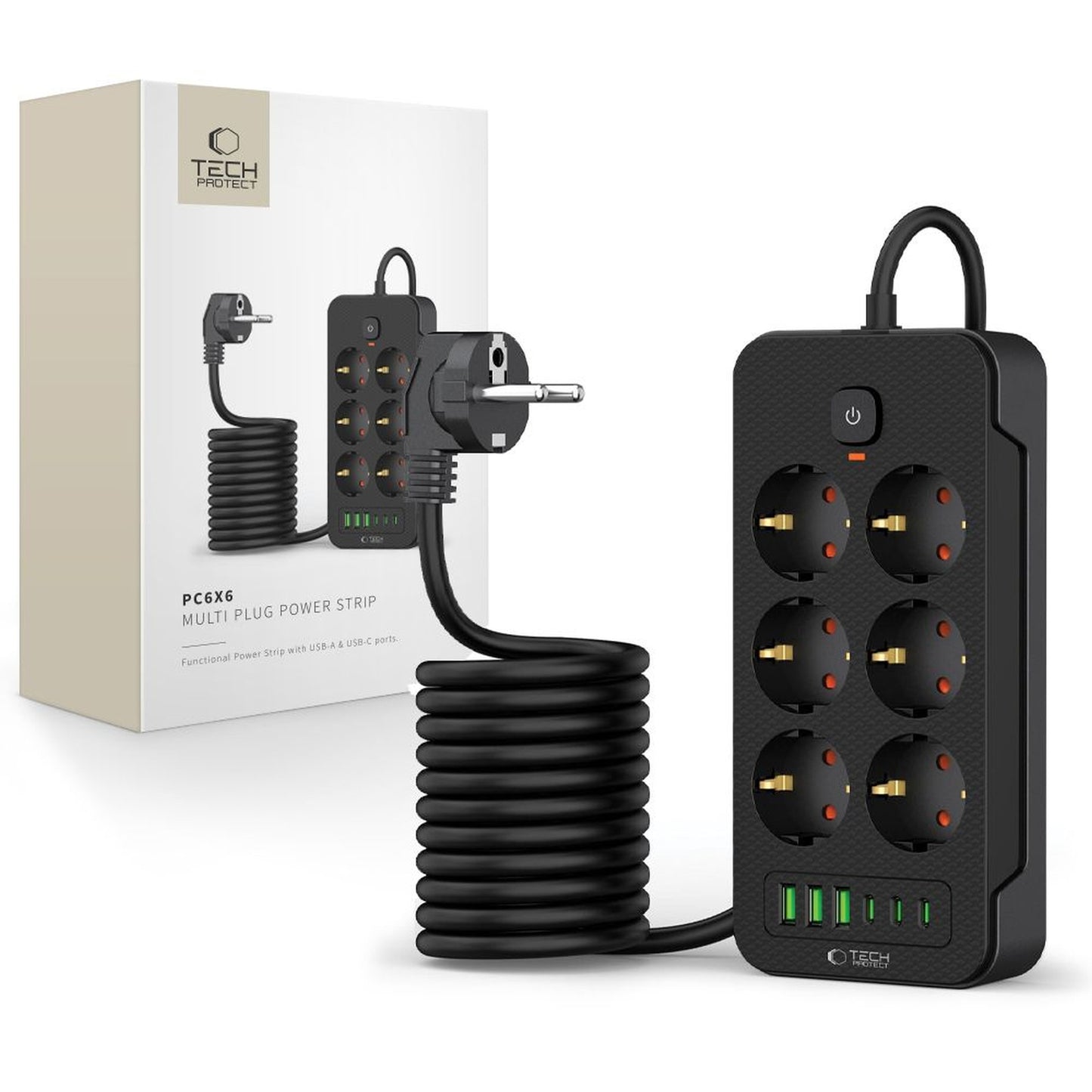 Power strip extension cord 6 sockets 240V USB-A USB-C 2m - black - Carlat