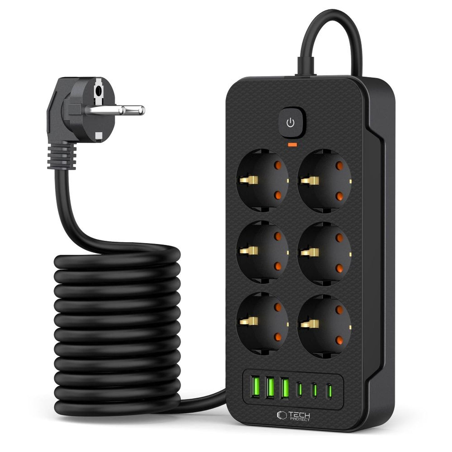 Power strip extension cord 6 sockets 240V USB-A USB-C 2m - black - Carlat
