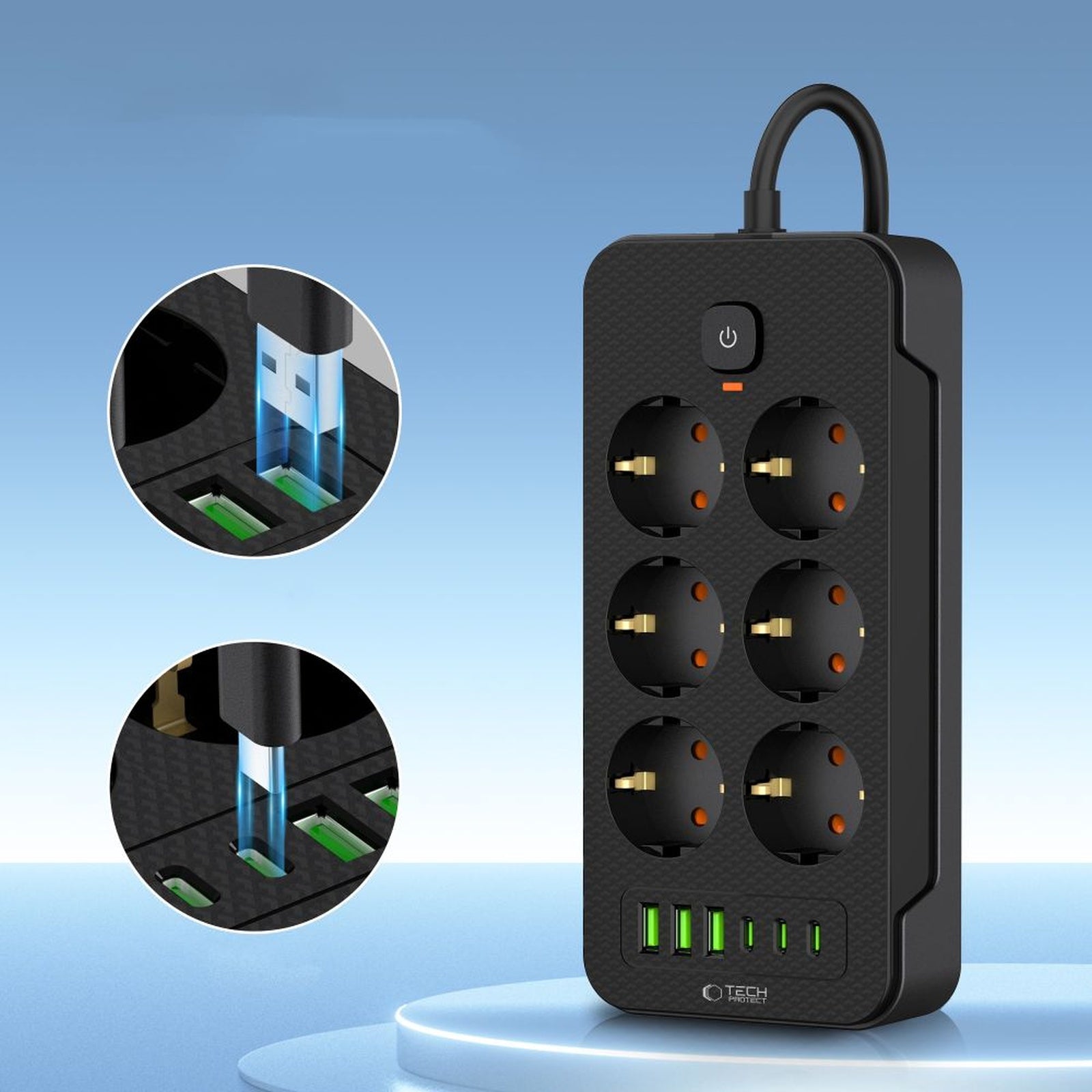 Power strip extension cord 6 sockets 240V USB-A USB-C 2m - black - Carlat