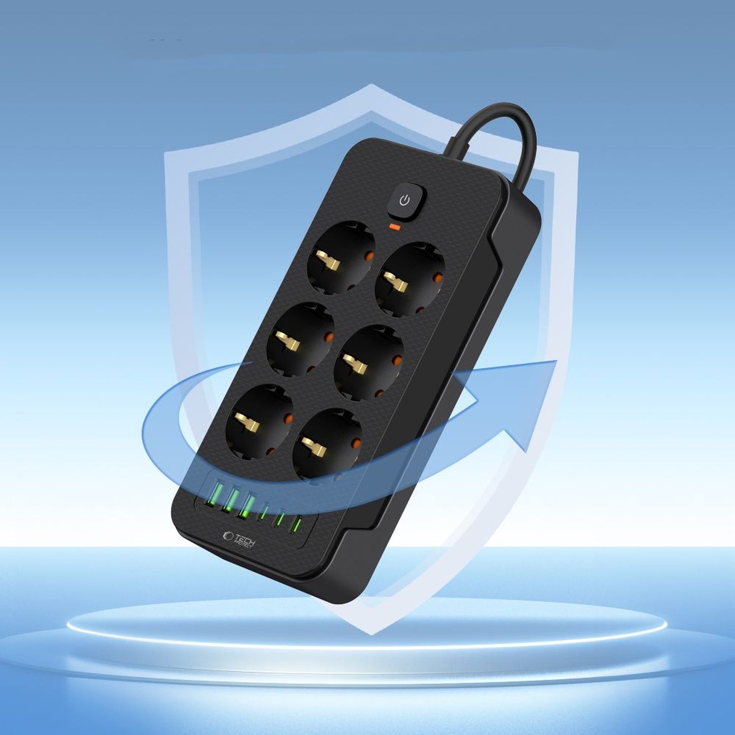 Power strip extension cord 6 sockets 240V USB-A USB-C 2m - black - Carlat