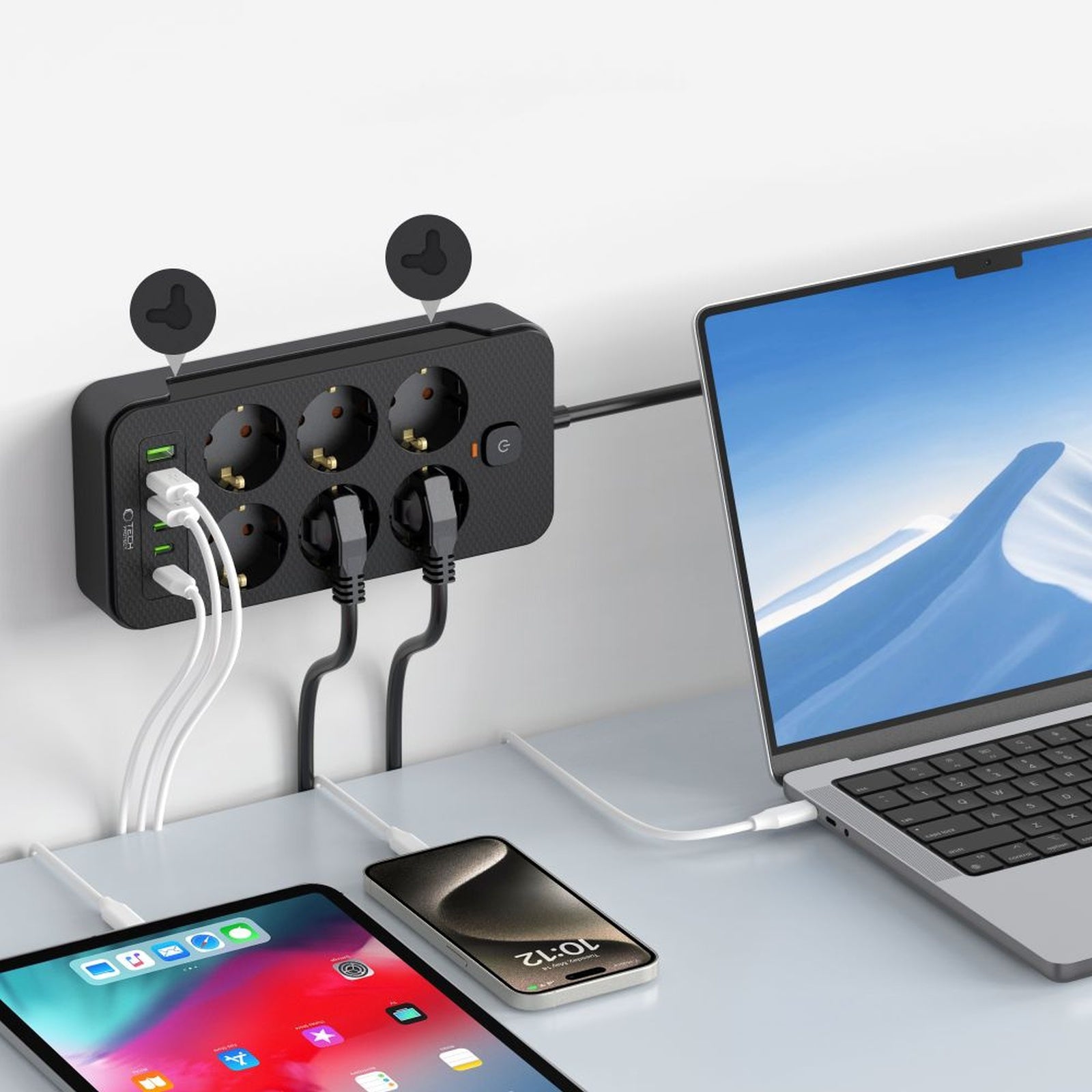 Power strip extension cord 6 sockets 240V USB-A USB-C 2m - black - Carlat