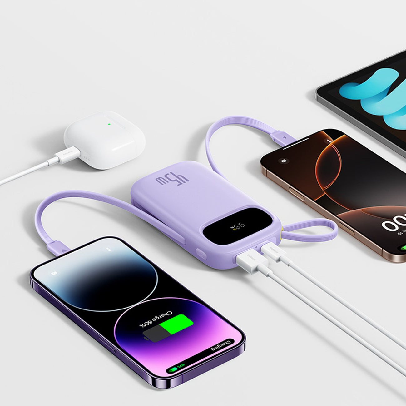 Powerbank 20000mAh 45W with display with USB-C Lightning cables EnerFill FC31 - purple - Carlat