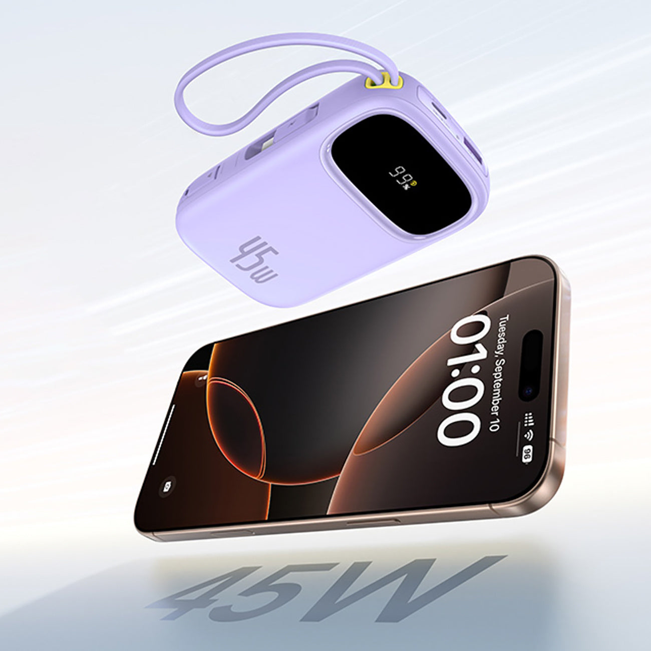 Powerbank 20000mAh 45W with display with USB-C Lightning cables EnerFill FC31 - purple - Carlat