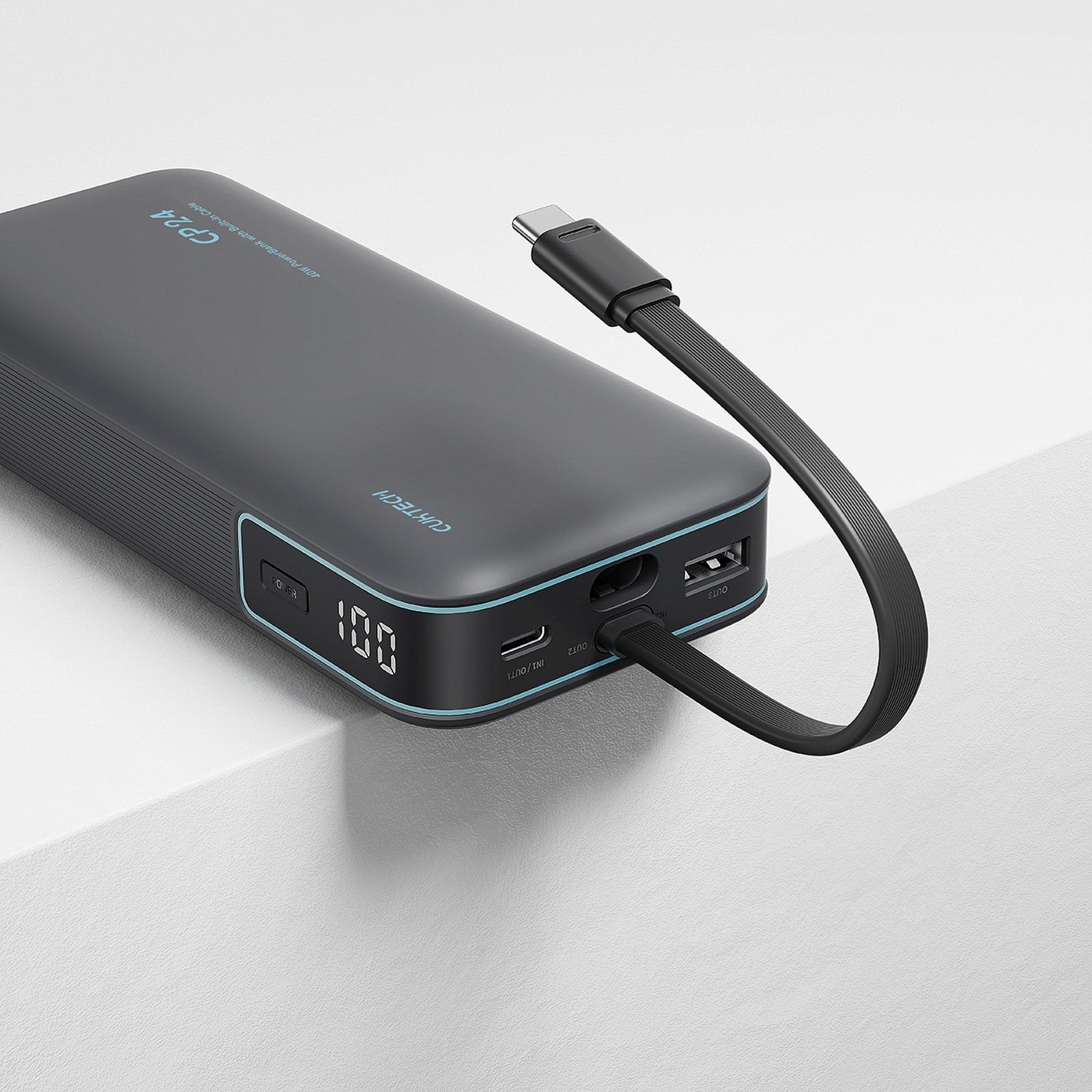 Powerbank 20000mAh USB-A USB-C with integrated 40W cable - gray - Carlat