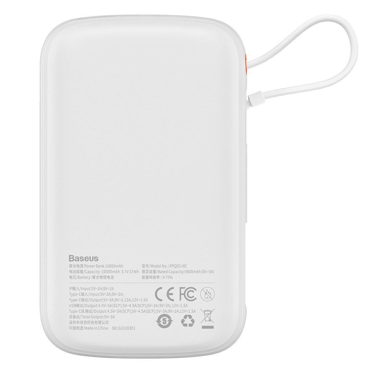 Powerbank with high-speed charging 10000mAh 22.5W QC-PD-SCP-FCP USB-C cable white - Carlat