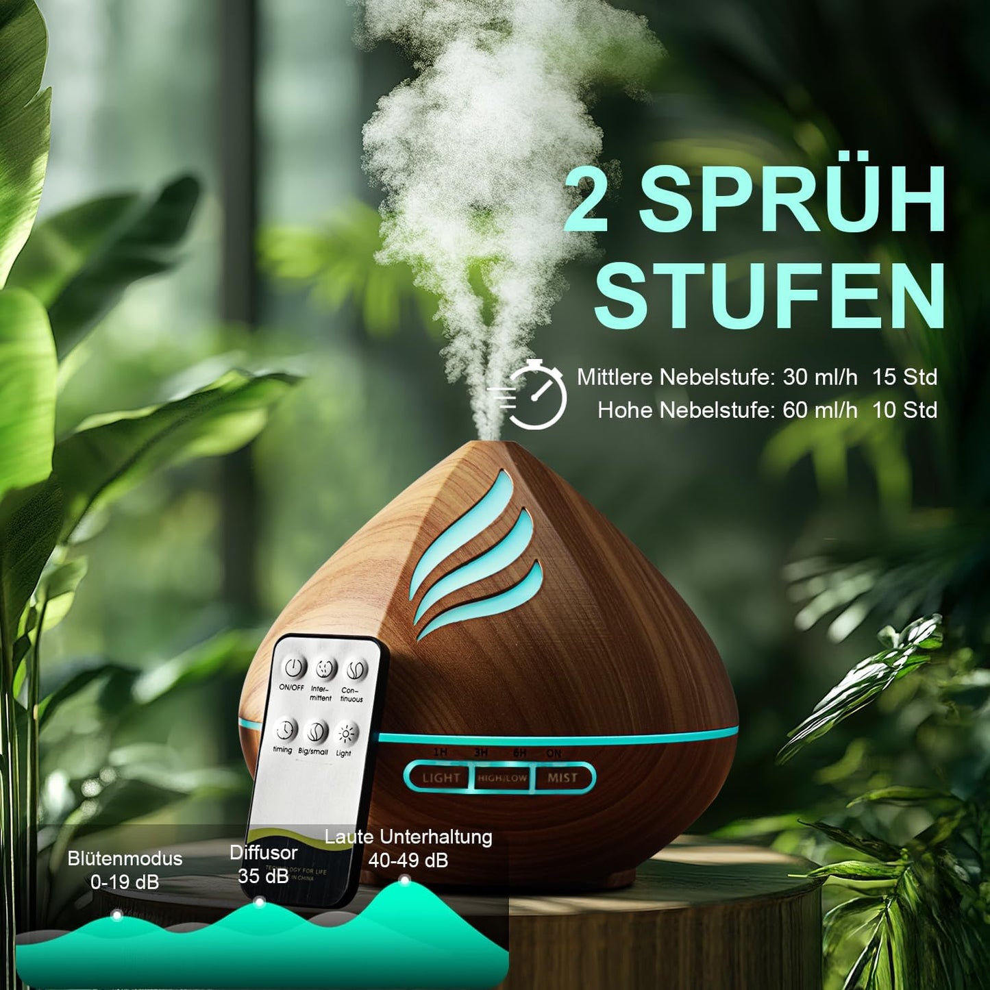 PureMist Aroma Diffuser 500 ml for Essential Oils: Ultrasonic Humidifier Bedroom with Remote Control - Air Freshener with 14-Colour LED and 4 Timers - Carlat