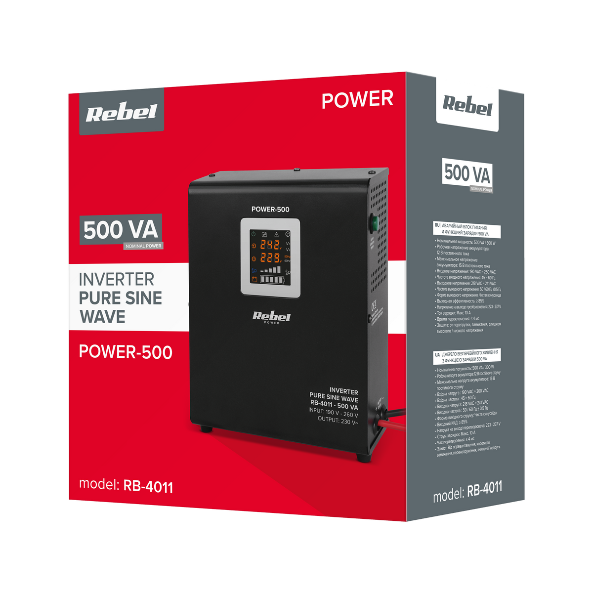 Rebel POWER-500 Wall-Mounted Emergency Power Supply - Inverter with Pure Sine Wave Output and Charging Function 12V 230V 500VA/300W - Carlat