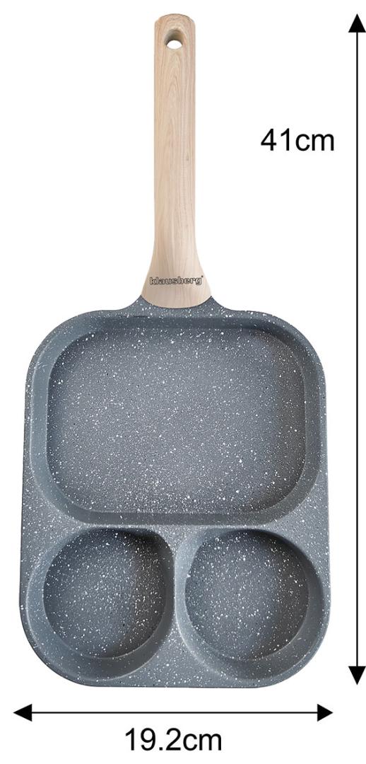 Rectangular frying pan with nonstick coating, 3 sections, gray with a wood-look handle, 41x19.2x2.8 cm, Klausberg, KB-7828 - Carlat