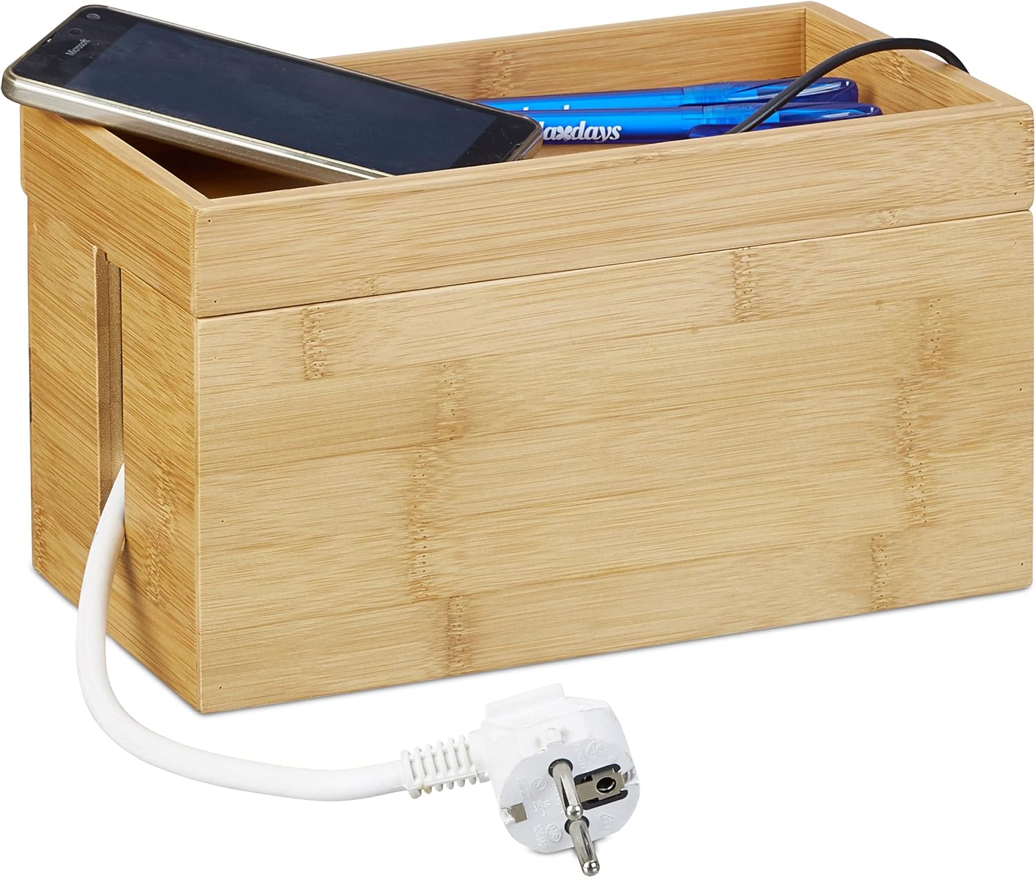 Relaxdays Bamboo Cable Box, Multi-Purpose, Compact, Universal, Practical Cable Management, 14 x 25.5 x 14 cm, (H x W x D), Natural - Carlat