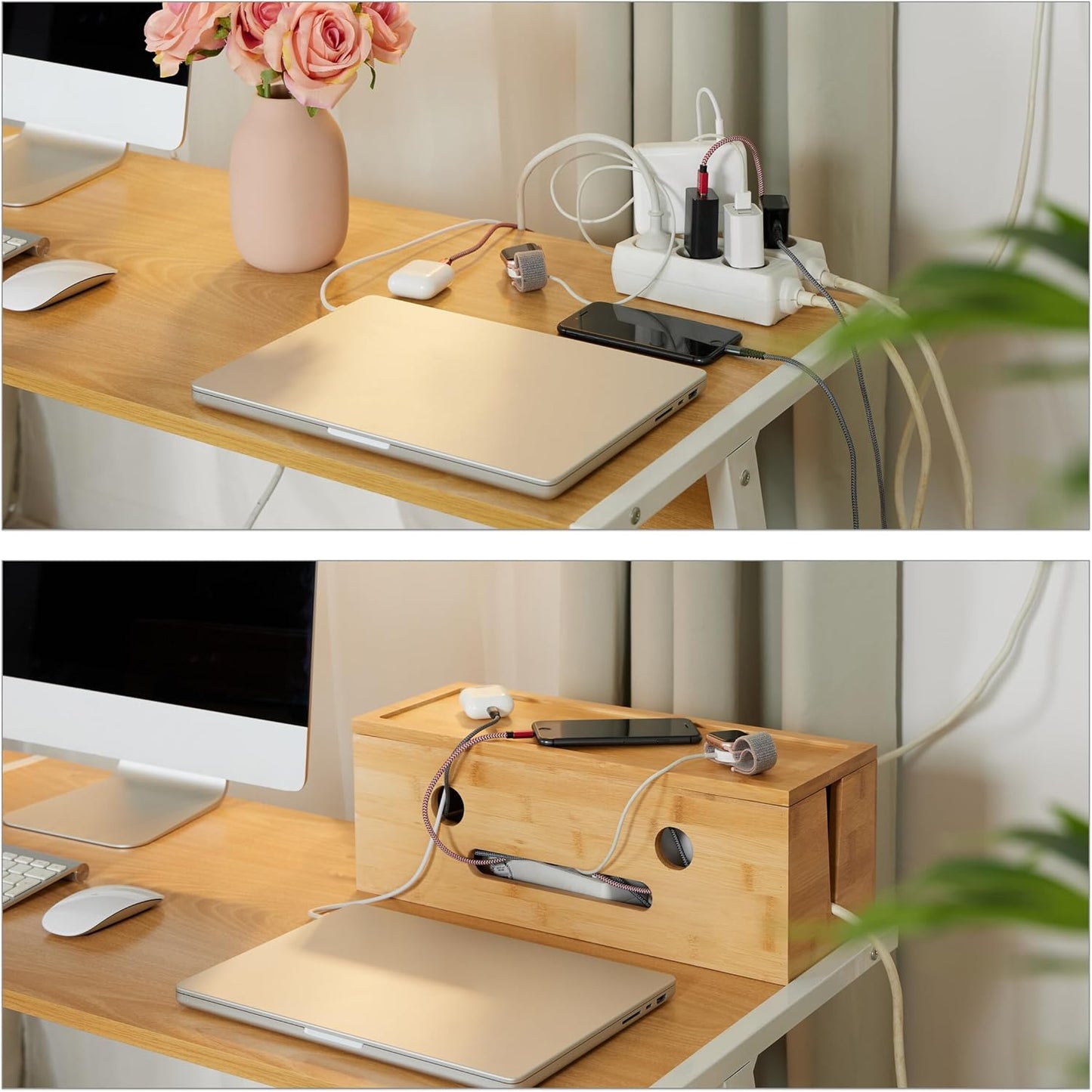Relaxdays Cable Box for 2 Power Strips, Bamboo, H x W x D: 15.5 x 42 x 16 cm, Hide Cables, Socket Box, Natural - Carlat