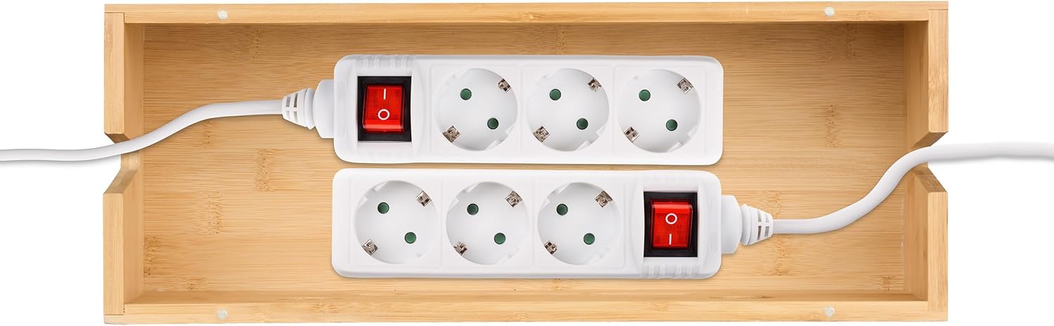 Relaxdays Cable Box for 2 Power Strips, Bamboo, H x W x D: 15.5 x 42 x 16 cm, Hide Cables, Socket Box, Natural - Carlat