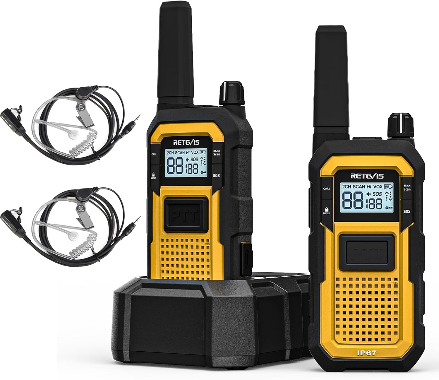 Retevis RB648 Walkie Talkies Waterproof, Robust Radio, Advanced Triple Protection, IP67, 2000 mAh, Licence-Free Radio with Earphones for the Most Adverse Environments (Pack of 2, Yellow) - Carlat