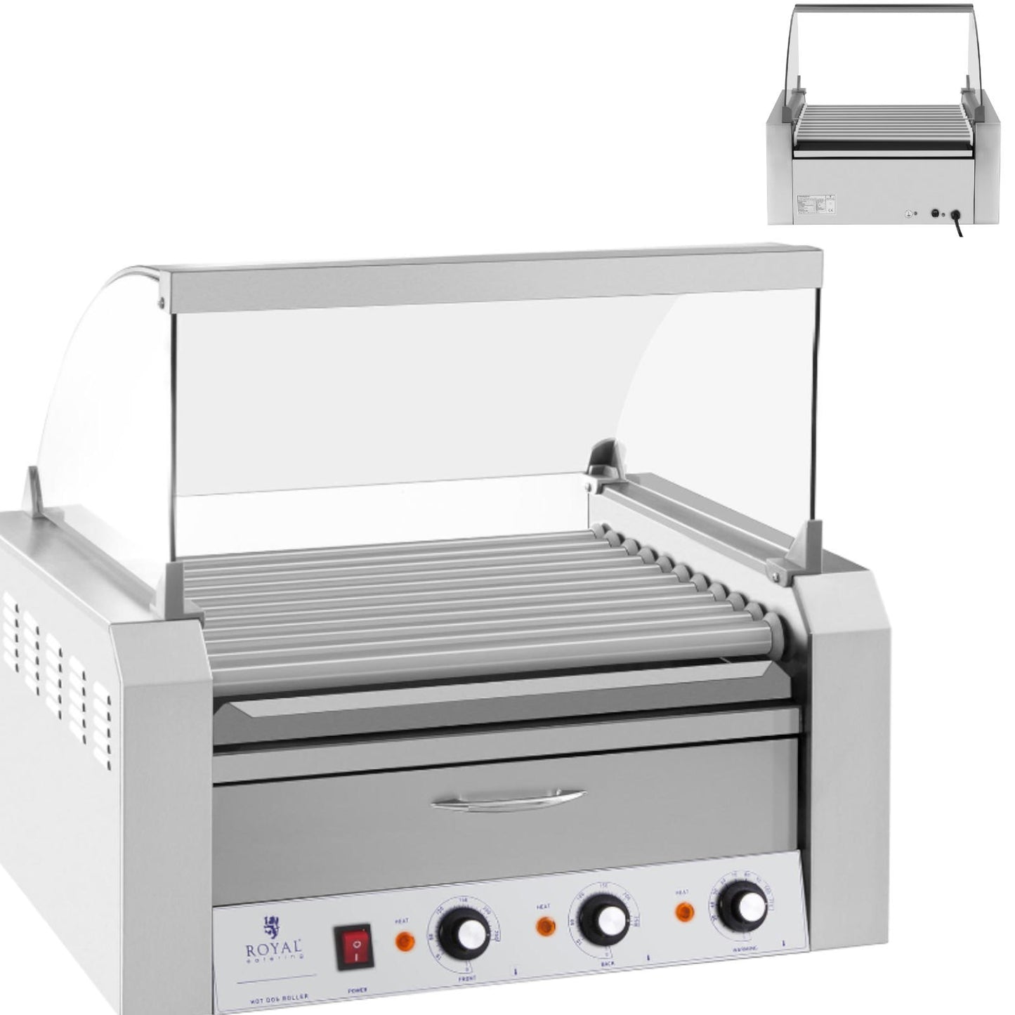 Roller roller grill with lid and heating drawer for 20 hot dog wieners 2600W 230V Royal Catering - Carlat