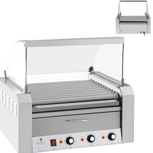 Roller roller grill with lid and heating drawer for 20 hot dog wieners 2600W 230V Royal Catering - Carlat